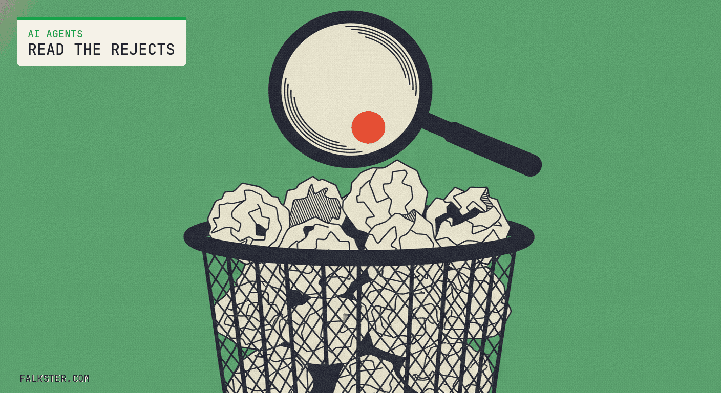 AI Agents Falkster cover on green: a wire wastepaper basket overflowing with crumpled paper, and a magnifying glass held over the pile.