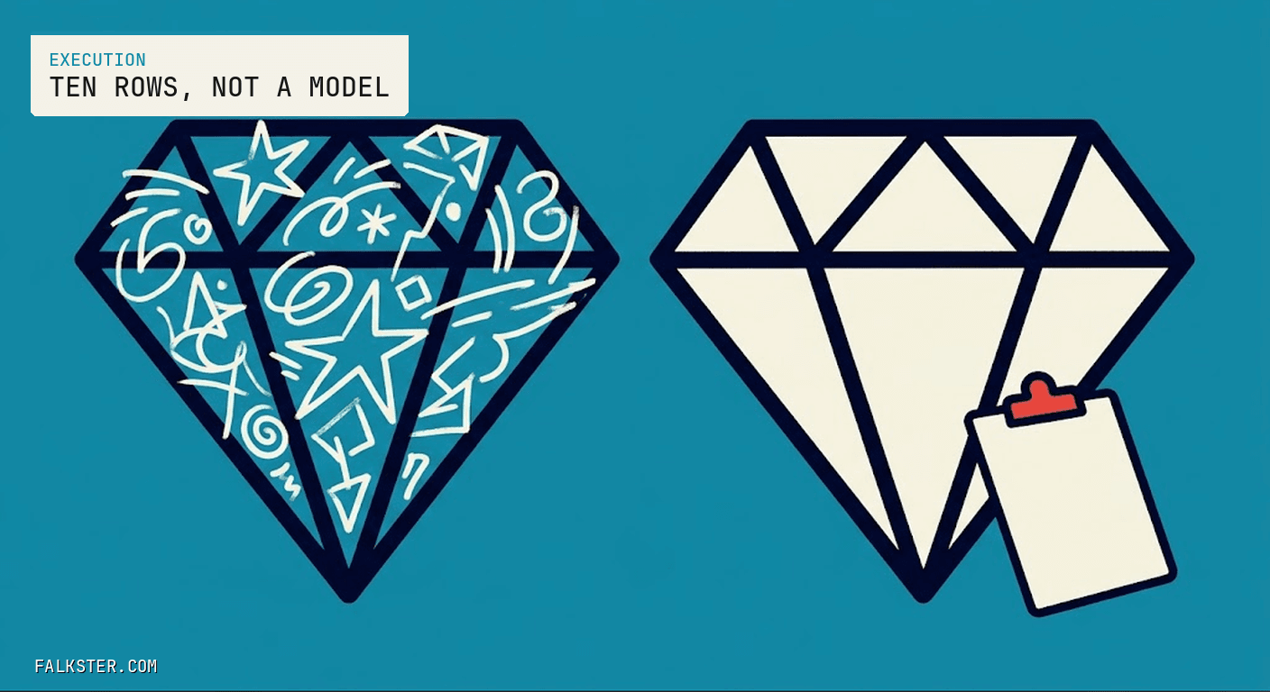 Execution Falkster cover on teal: two large outlined gem diamonds side by side, the left one filled with loose cream doodles of stars, spirals, and arrows, the right one empty cream with a small clipboard and red clip leaning against its lower right facet.
