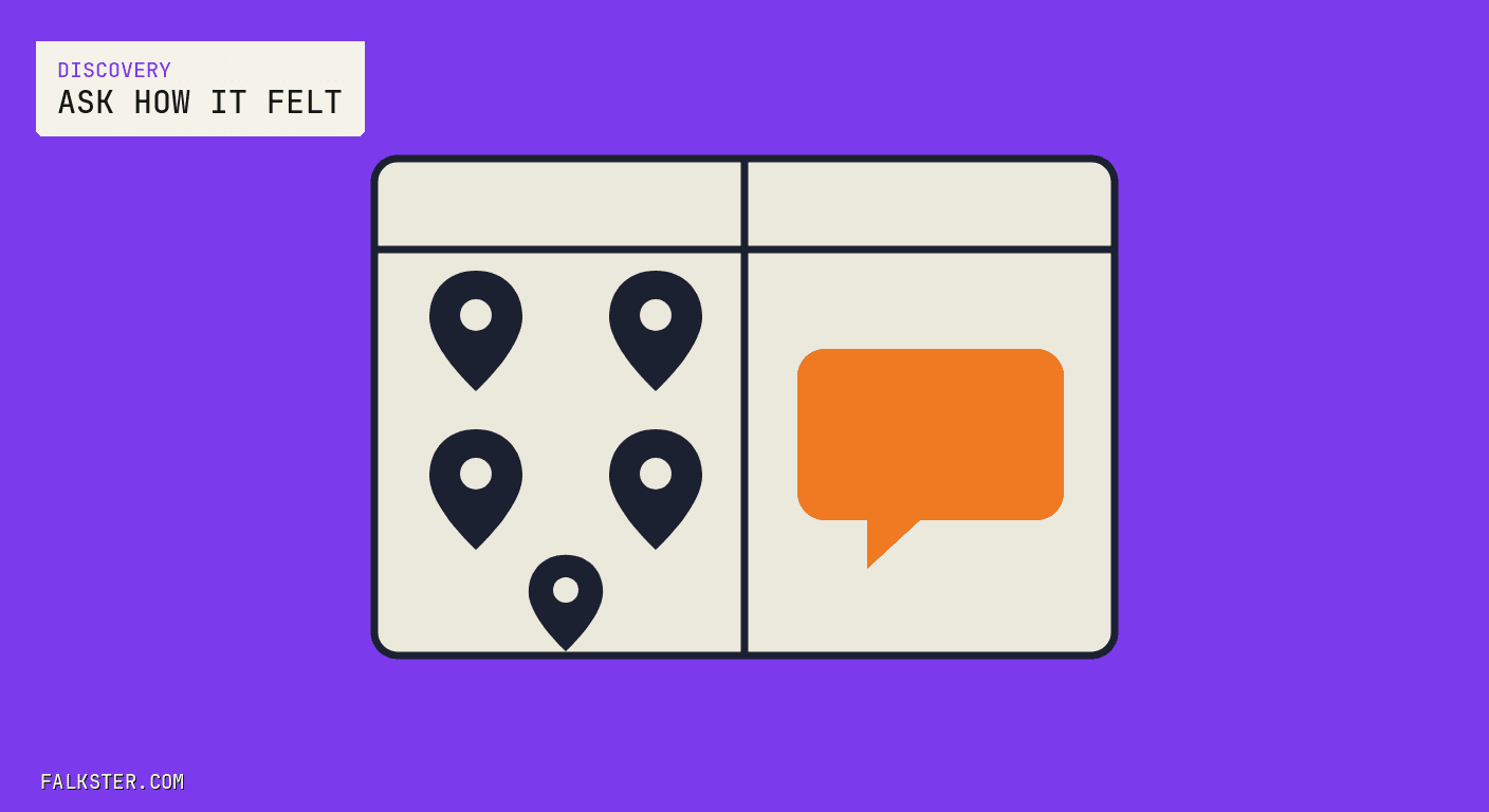 Discovery Falkster cover on purple: a cream two-column ledger page, the left column holding five navy map pins and the right column holding one orange speech bubble.