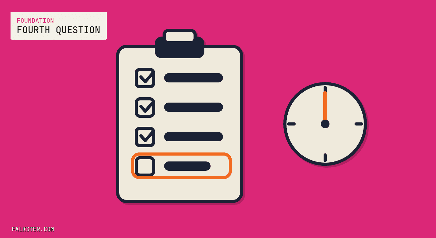Foundation Falkster cover on magenta: a cream clipboard with a navy clip holds four checkbox rows with navy label bars, the top three ticked and the fourth, unticked, ringed in orange, and to the right a cream wall clock with four navy tick marks and a single orange hand pointing straight up.