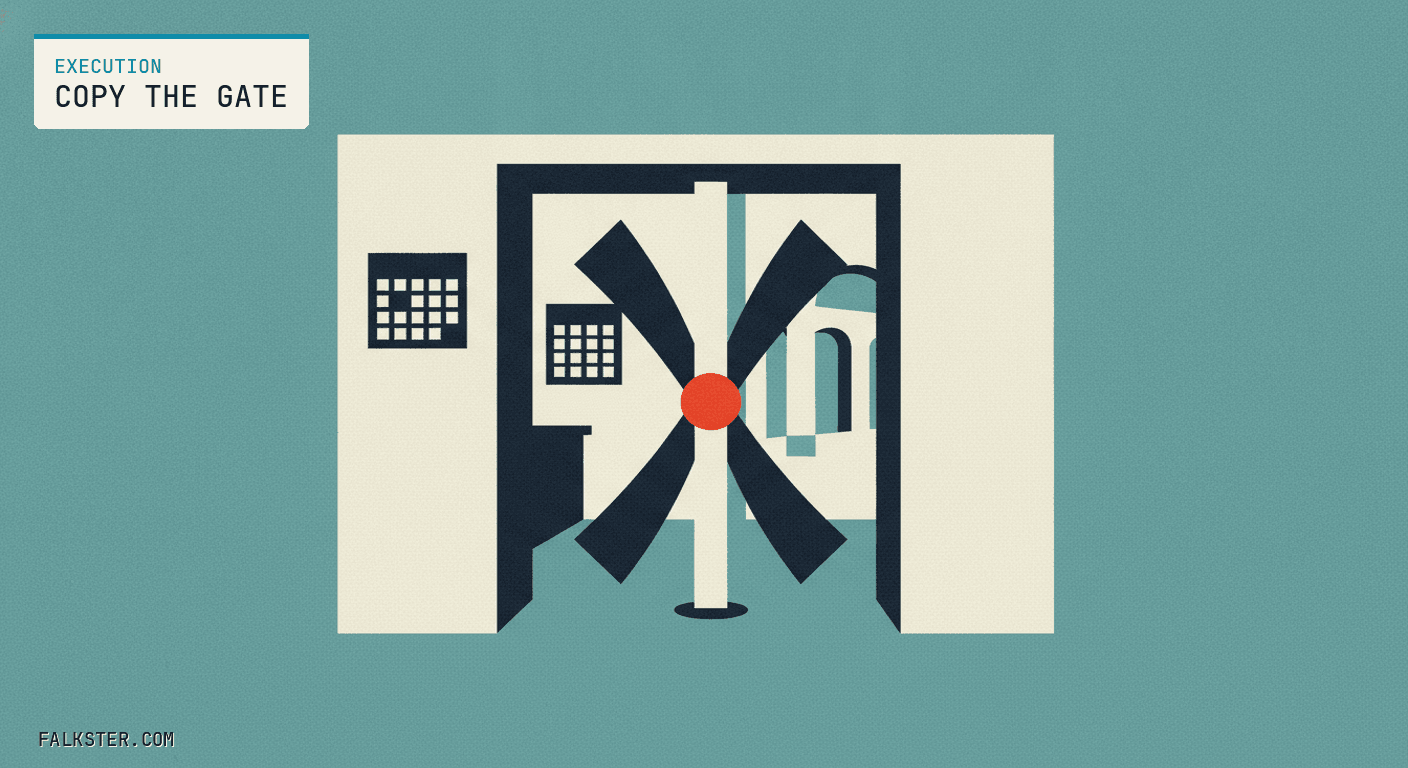 Execution-teal Falkster cover: a turnstile with a red hub standing in a doorway between a small office with wall calendars and a hall with arches beyond.