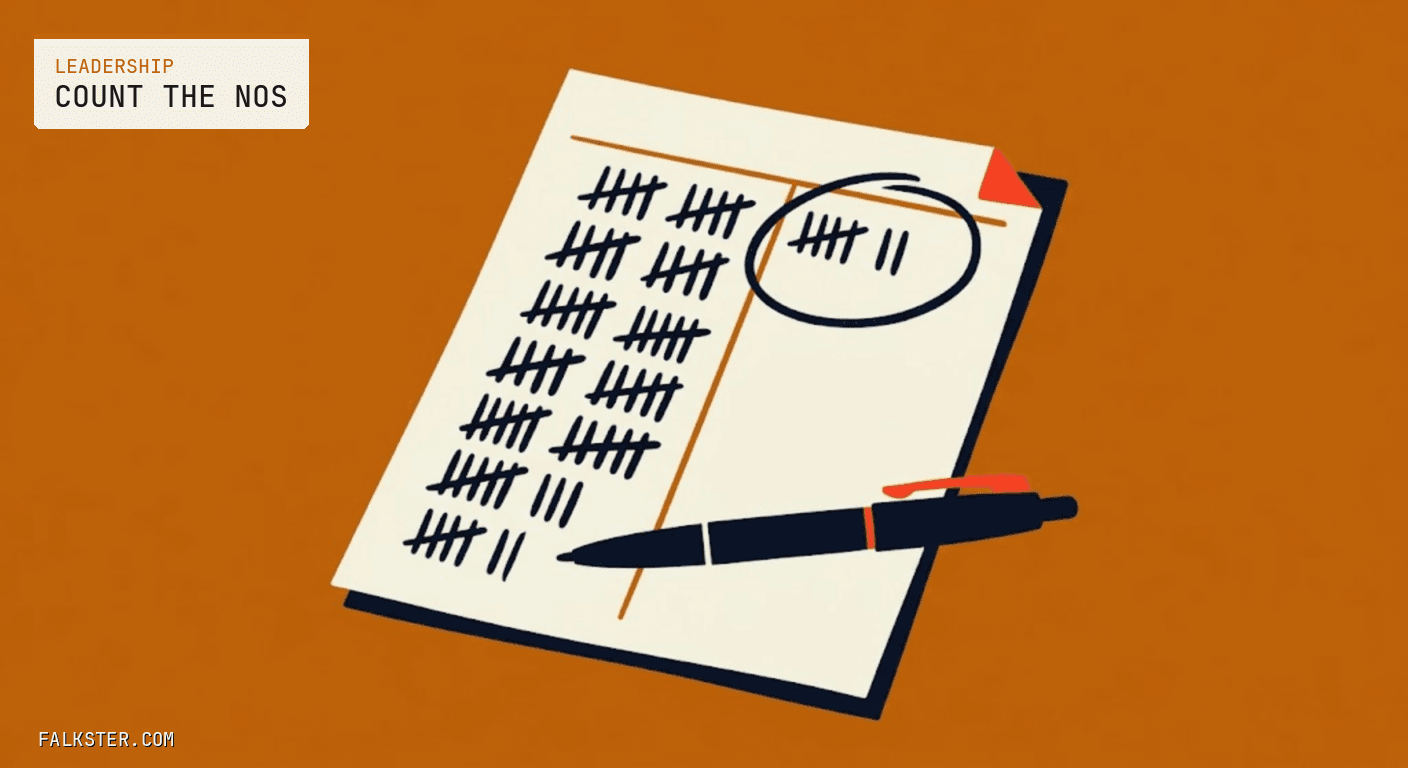 Leadership Falkster cover on burnt orange: a cream ledger sheet with two columns of navy tally marks, the left column long and the right column short with a hand-drawn circle around it, and a dark pen with an orange clip resting across the page.