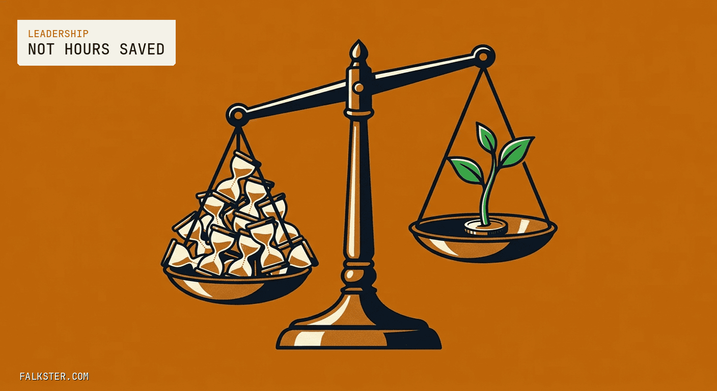 Leadership-amber Falkster cover: an old brass balance scale with its beam tipped down toward a pan heaped with small hourglasses, while the raised pan holds a single green seedling growing from one coin.