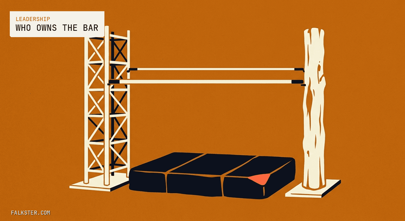 Leadership-amber Falkster cover: a high-jump crossbar resting across two very different uprights, one a precise steel scaffold tower and the other a hand-carved wooden post, above an empty landing mat.