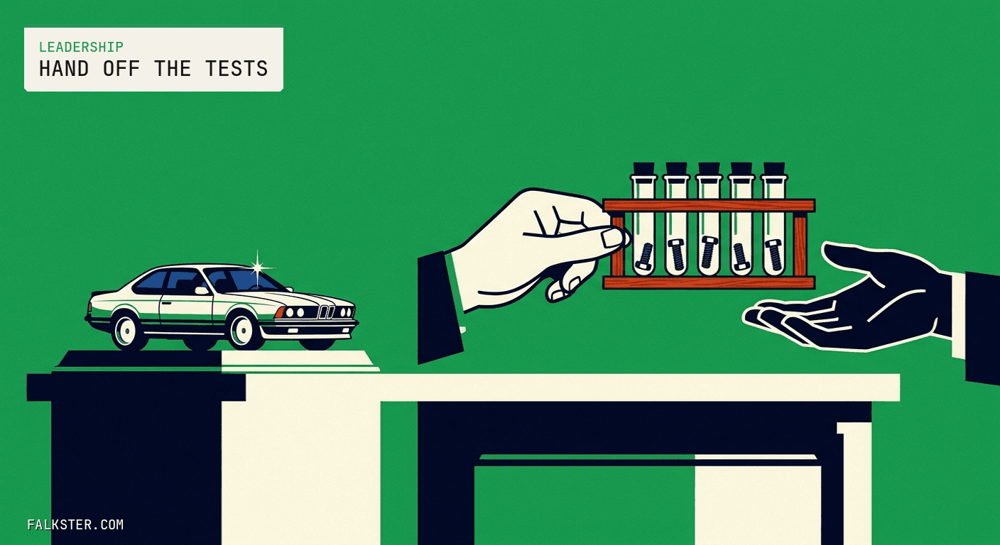 Green Falkster cover: a polished model car sits ignored on a pedestal while, across a long counter, one hand passes a rack of capped test tubes, each holding a single bolt, to an open hand waiting on the far side.
