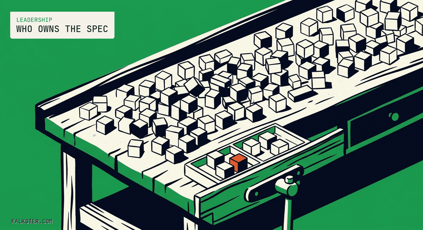 Green Falkster cover: a long workbench crowded with dozens of plain unsorted blocks, and a small two-compartment sorting tray at the front edge holding only a few, one of them orange.