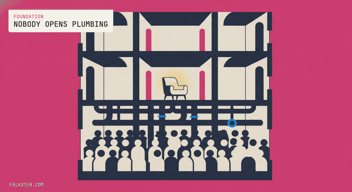 Foundation-pink editorial cover: a cutaway building where every figure has crowded into the basement among the pipes, leaving one lit armchair empty on the inhabited floor above.