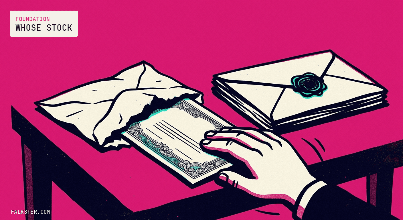 Foundation-pink Falkster cover: two pay envelopes on a bare table, one fat and sealed with a wax stamp, one thin and open, and a single share certificate being slid by hand from under the thin envelope across to the fat one.