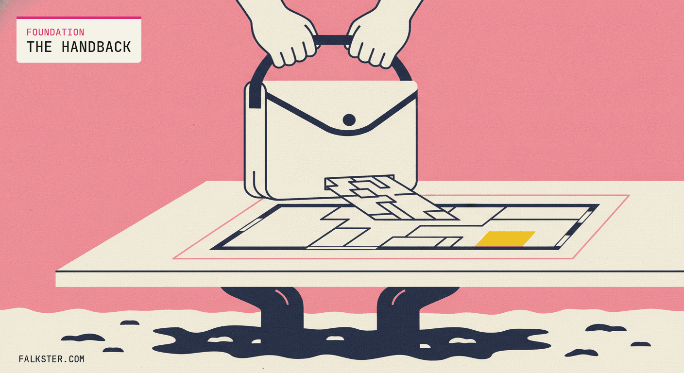 Foundation-pink Falkster cover: two hands holding a plain canvas satchel above a drafting table, its contents spilling onto the table as a neat, unlabeled floor plan, with mud pooling around the table legs below.