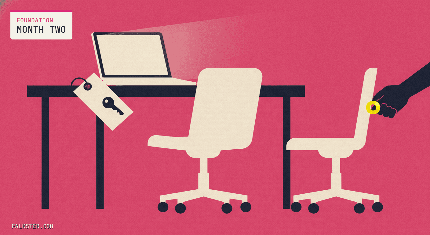 Foundation-pink Falkster cover: an empty chair pushed back from a workbench, a laptop left open and running, a single key on a plain tag hanging off the edge of the bench, and a hand pulling a second chair in from the side.