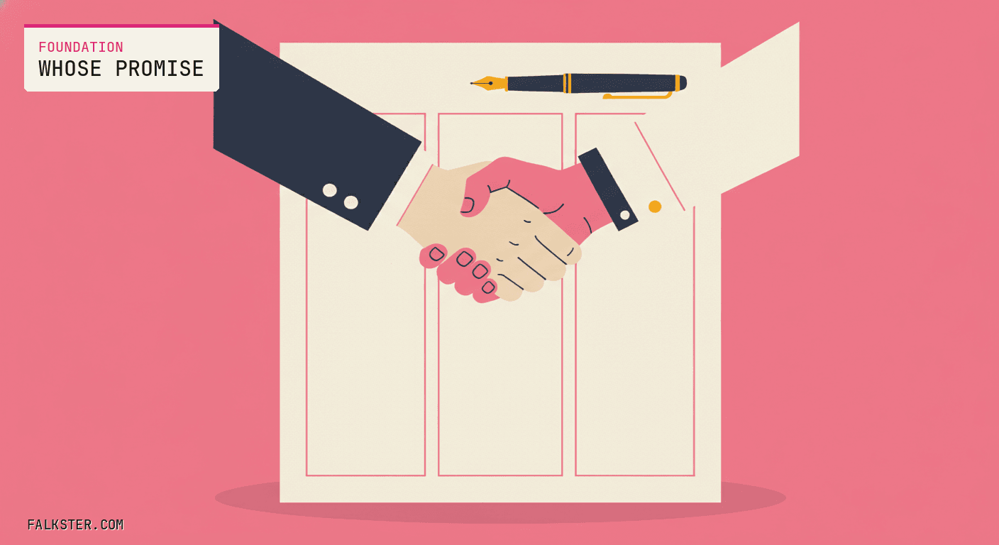 Foundation-pink Falkster cover: two hands shaking directly over a single sheet of paper divided into three tall empty columns, one sleeve a dark suit cuff and the other a pink shirt, a fountain pen resting above the columns.