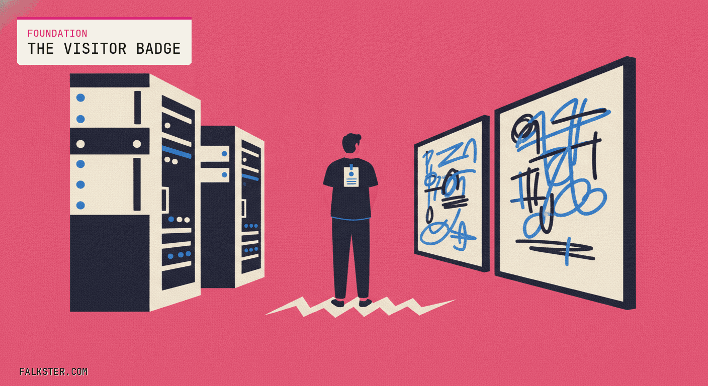 Foundation-pink Falkster cover: a lone figure in a plain black tee with a paper visitor badge, seen from behind, standing on the threshold between a customer's server racks and a product team's whiteboards.