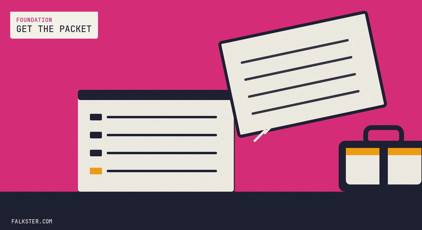 Foundation Falkster cover on magenta: a cream carbon-copy pad on a navy desk with four ruled rows, the last row marked in orange, its top sheet lifting away at an angle toward a navy and cream suitcase with an orange stripe at the right edge of the frame.