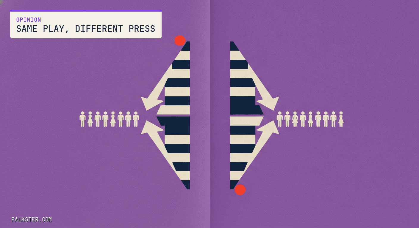Opinion cover: two side-by-side story panels that look like opposites, IKEA reskilling and Salesforce cutting, revealed by a mirror to be the same shape underneath.