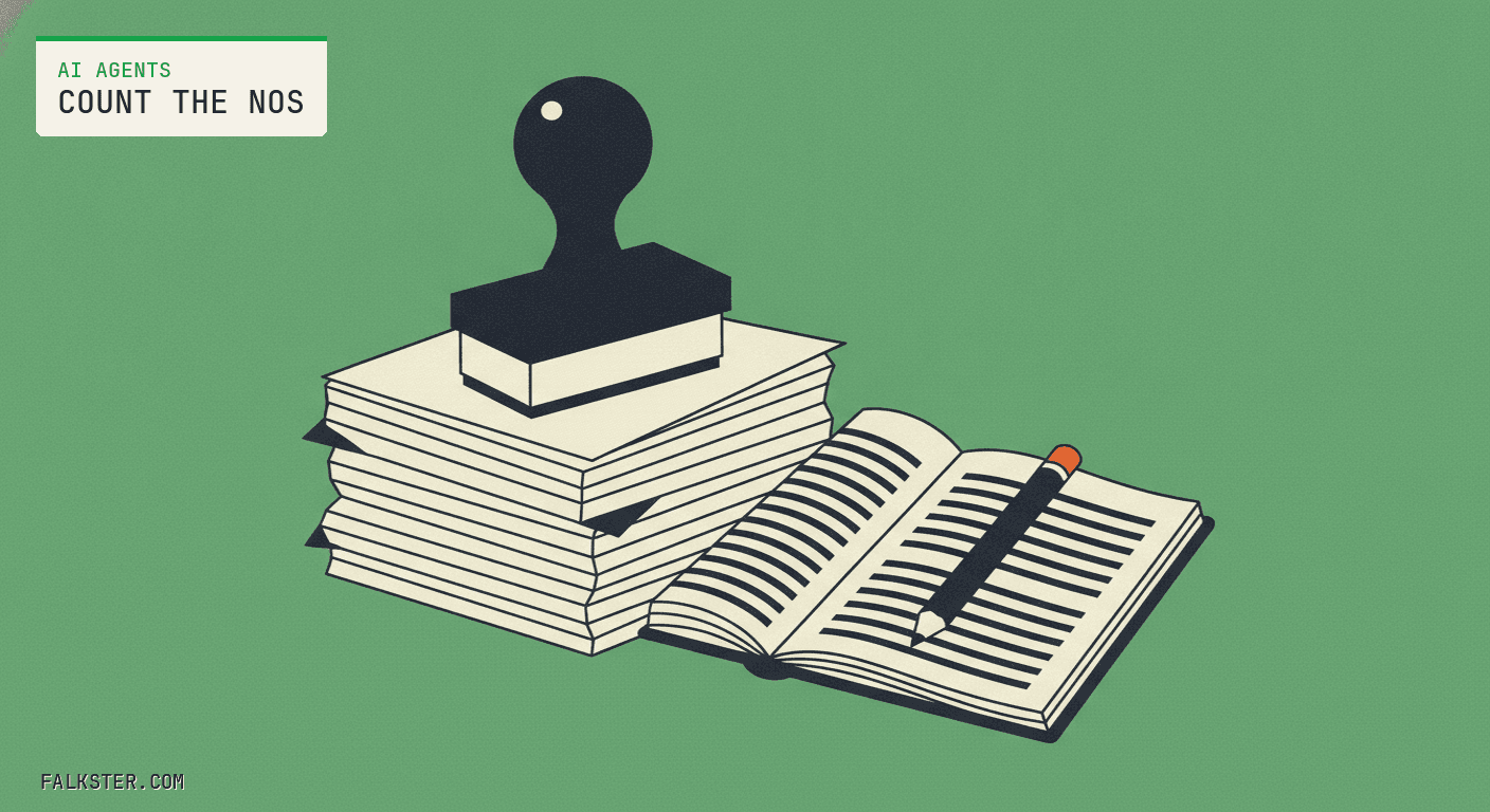 Agents-green Falkster cover: a dark rubber stamp resting on a tall stack of papers, next to an open ledger with a pencil lying across its ruled page.
