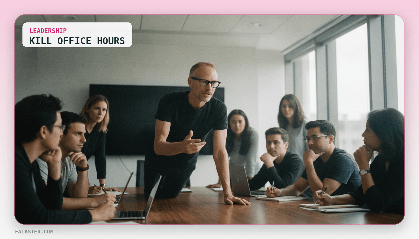Pastel title-card cover for the falkster.com post: Kill the AI Office Hours. They're 2026's Agile Transformation..