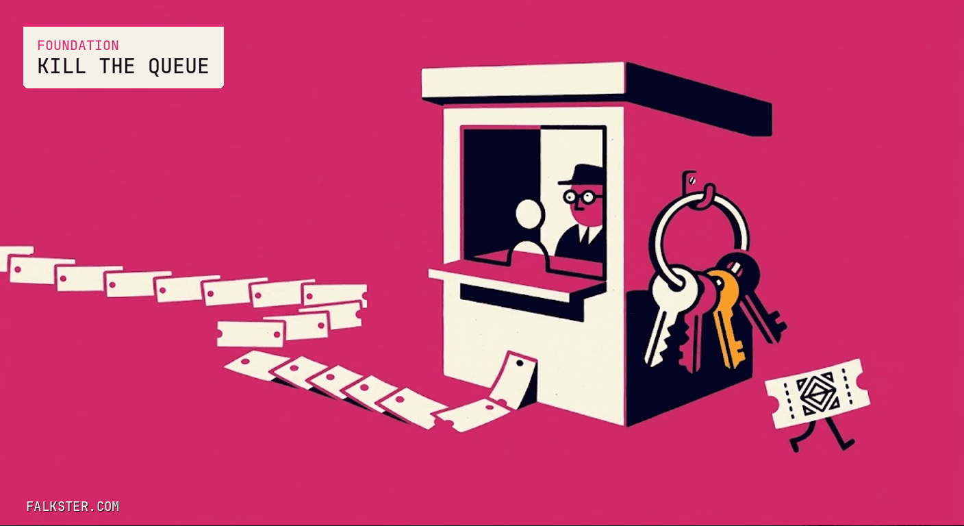 Foundation Falkster cover on magenta: a cream ticket booth with one bespectacled clerk at the window and a second figure waiting inside, a long single-file line of small cream tickets snaking toward it, a ring of three keys hanging from a hook on the booth's side, and one stamped ticket with legs walking away on its own.