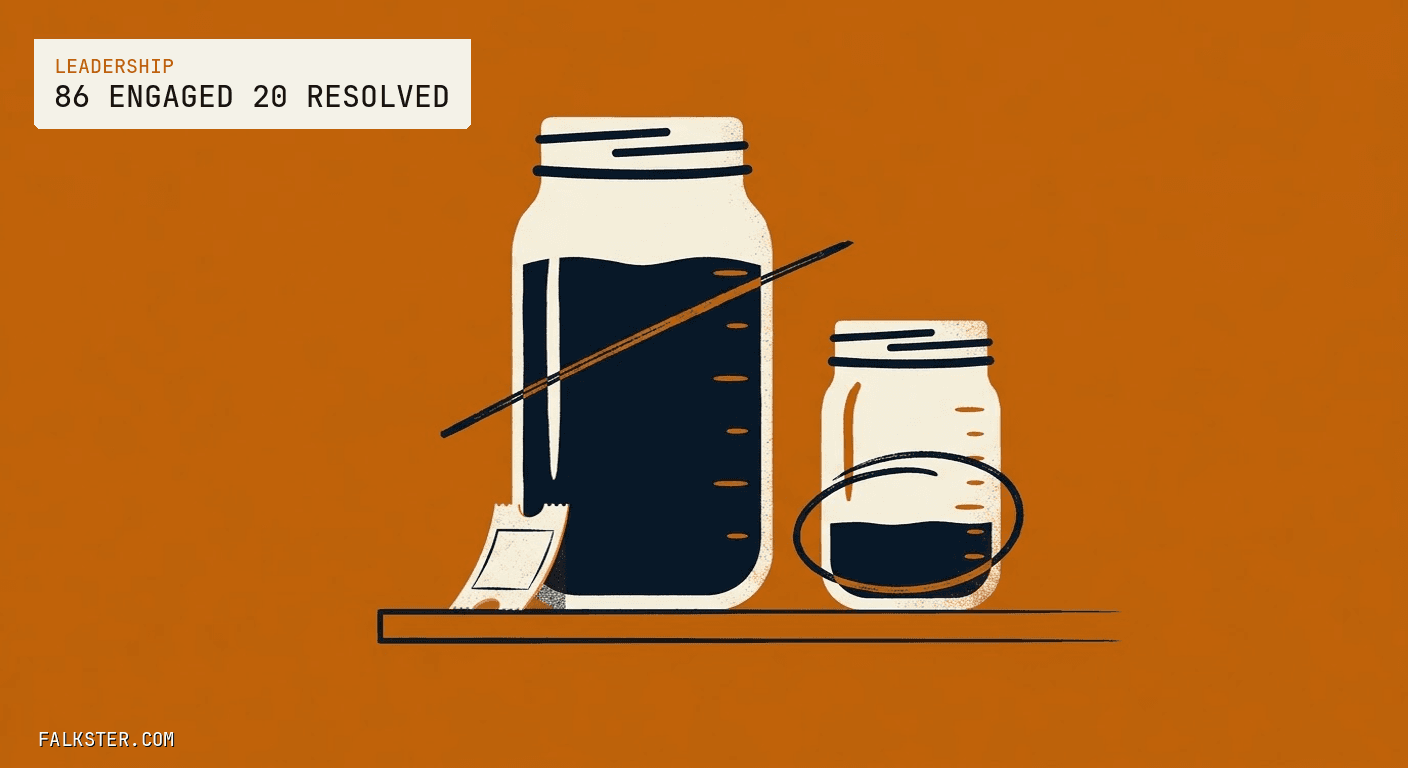 Leadership Falkster cover on burnt orange: two glass jars on a shelf, the tall one filled nearly to the top with a strike-through line across it and a paper ticket leaning against it, the short one filled to a fifth and ringed by a hand-drawn circle.