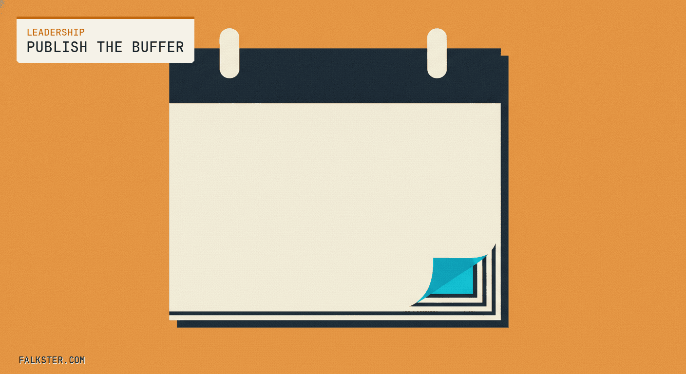 Leadership Falkster cover on orange: a blank wall calendar with its bottom corner peeled back to show a bright blue page and more sheets stacked underneath.