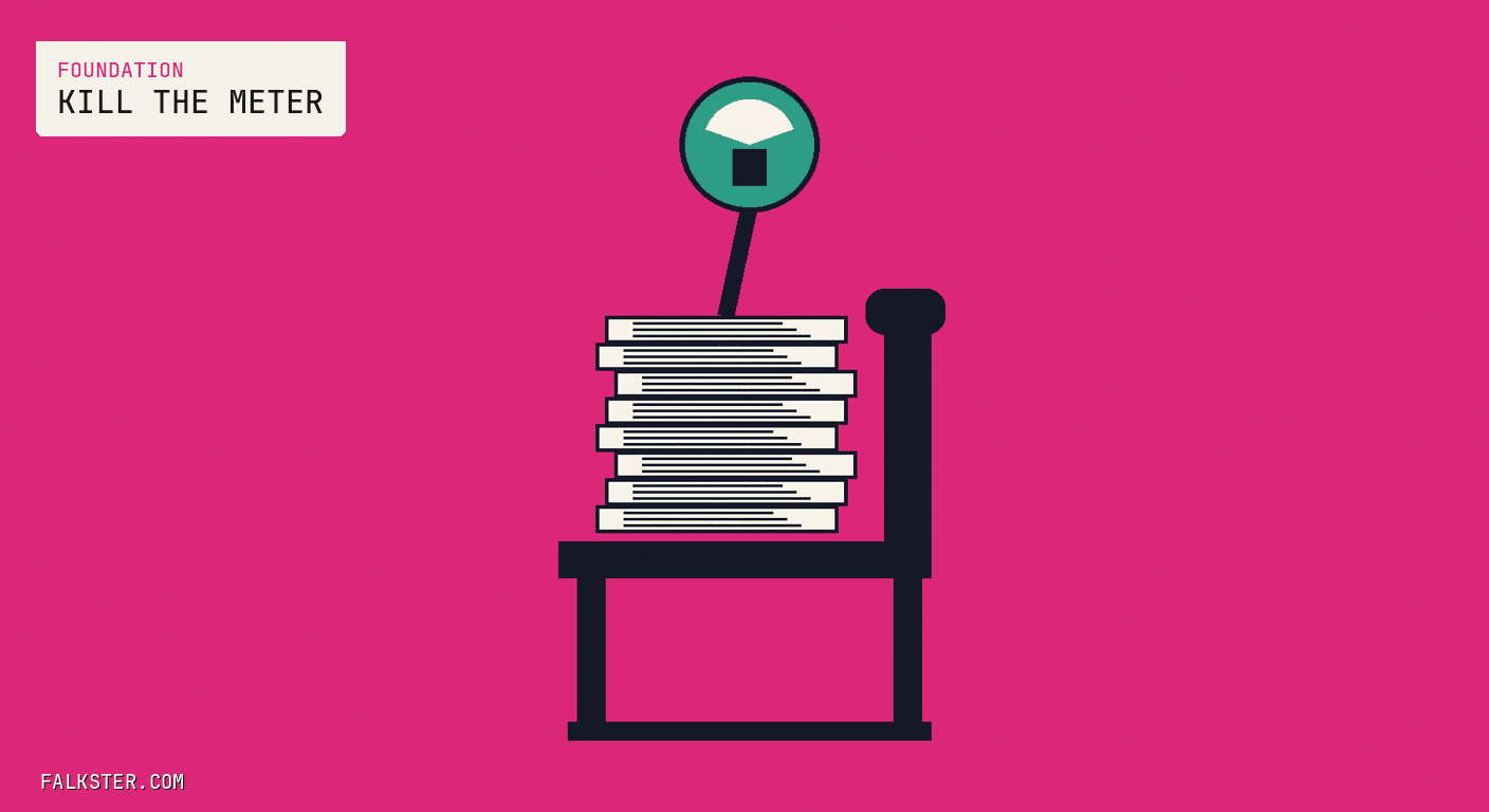 Foundation Falkster cover on magenta: a dark office chair with a tall stack of cream invoices piled on its seat and a teal coin meter on a crooked pole rising from the top of the stack.