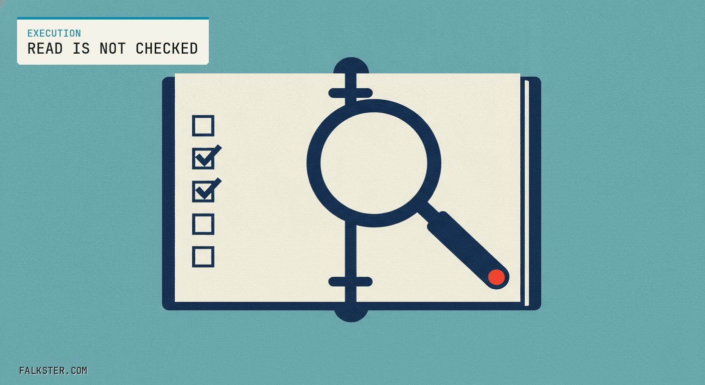 Execution Falkster cover on teal: an open ring binder with a column of five checkboxes, two of them ticked, and a magnifying glass lying across the page.