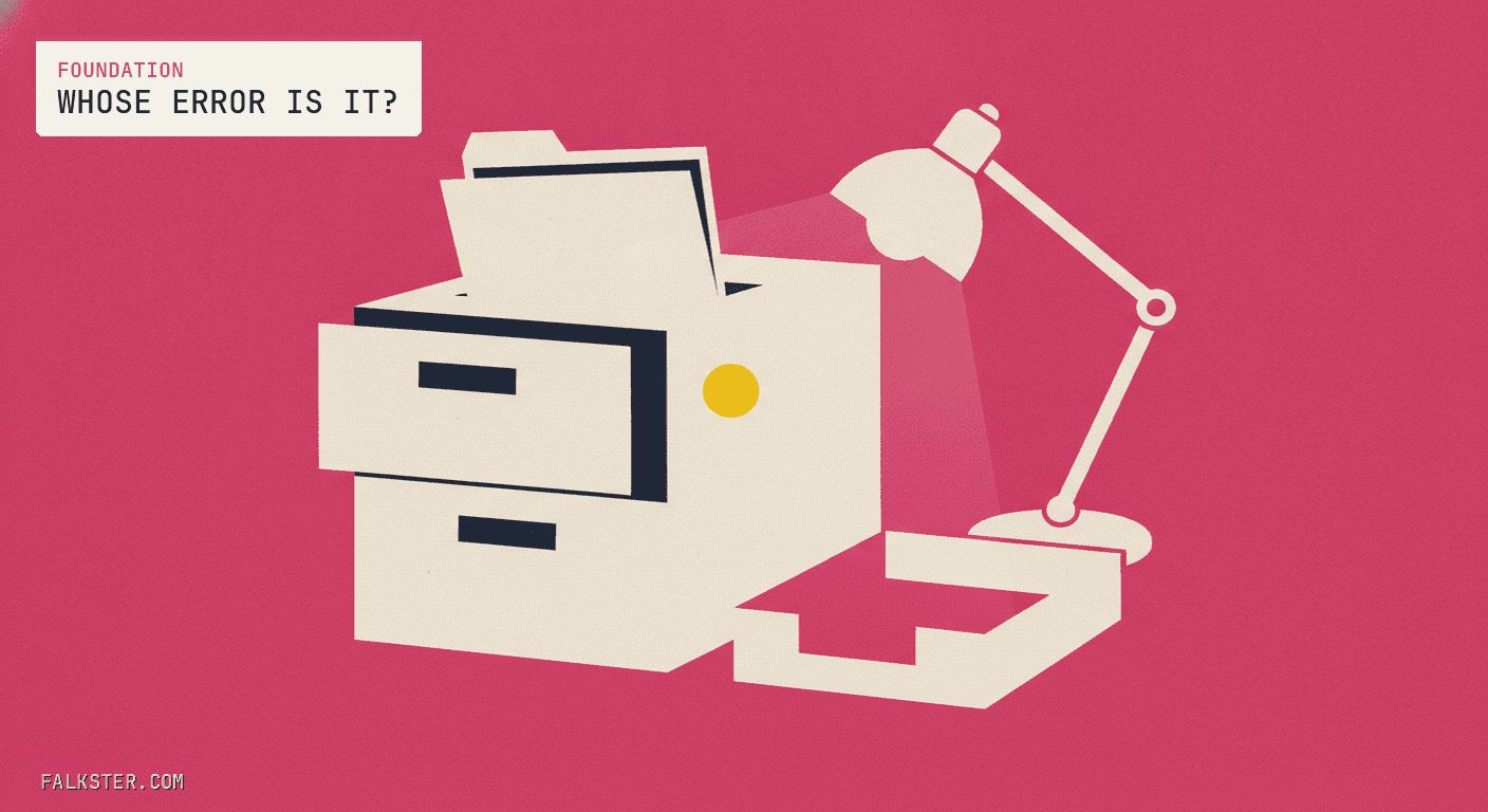 Foundation-pink Falkster cover: a cream filing cabinet with its top drawer pulled open and a folder lifted out, and a desk lamp shining down on an empty in-tray beside it.
