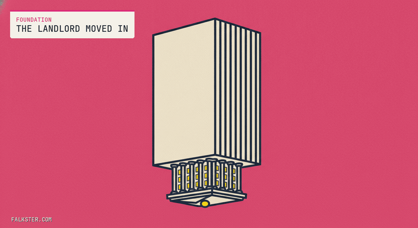 Foundation-pink editorial cover: a large plain glass tower resting directly on top of a much smaller classical columned landmark, the famous building now serving as the foundation someone else is built on.
