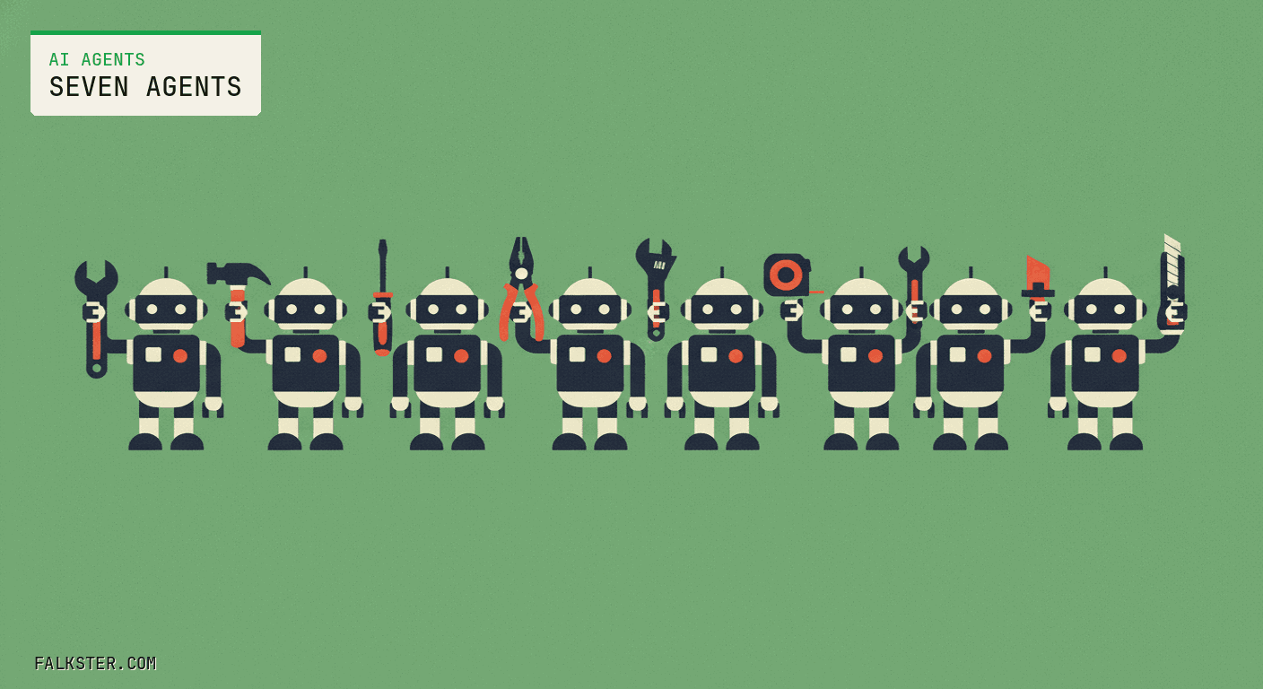 Pastel title-card cover for the falkster.com post: The Seven-Agent Reset: A Lean PM AI Fleet, One Agent Per Stage.