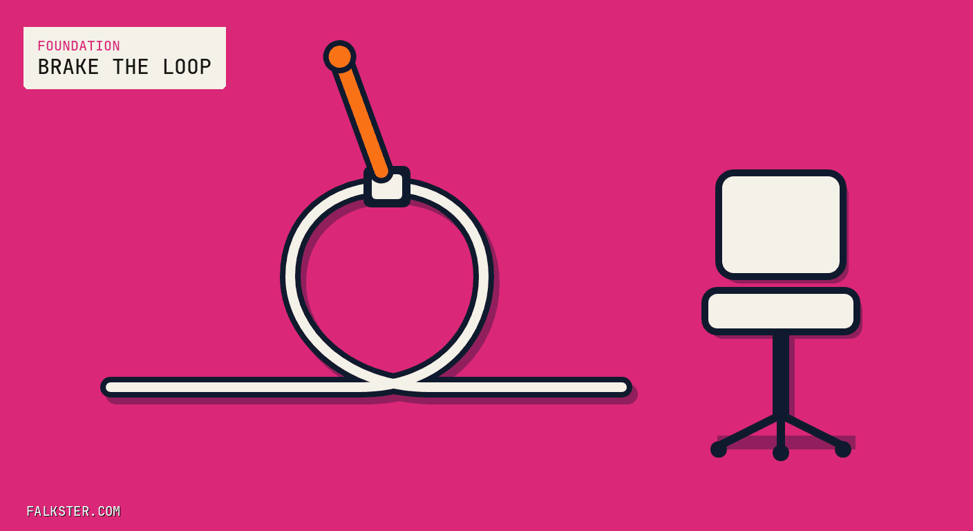 Foundation Falkster cover on magenta: a cream track that curls into one loop, an orange brake lever clamped on top of the loop, and an empty cream office chair standing beside the track.