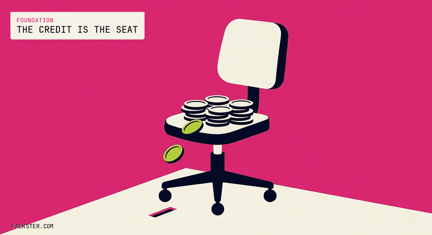 Foundation Falkster cover on pink: an empty office chair whose seat holds a stack of cream tokens, with two green tokens slipping off the edge toward a narrow slot cut into the floor.