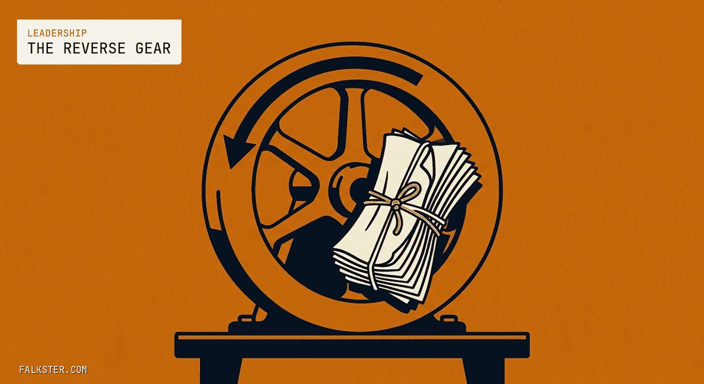 Leadership Falkster cover on burnt orange: a heavy cream flywheel on a workbench with a bold arrow painted on its rim pointing backward, and a thick bundle of legal papers caught in its spokes.