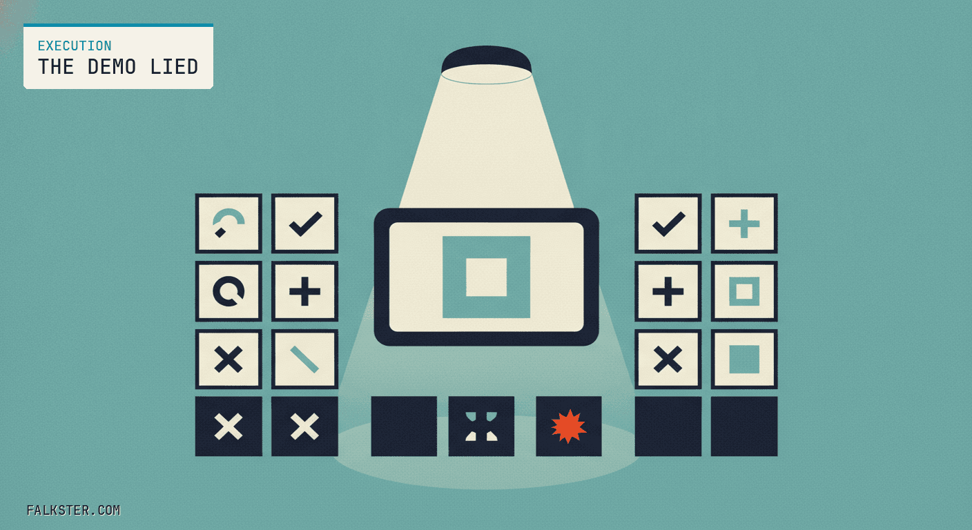 Execution-teal editorial cover: a spotlit stage where a product demo glows flawless in the beam, while just outside the light a grid of small test cases shows a whole row failed and unlit.
