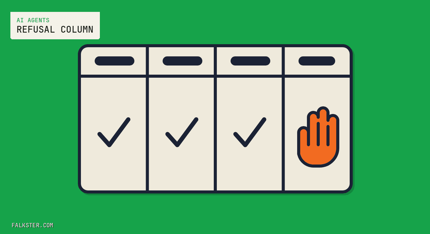 AI Agents Falkster cover on green: a cream scorecard with a navy header row and four columns, the first three each holding one large navy tick and the fourth holding an orange open hand raised palm out.