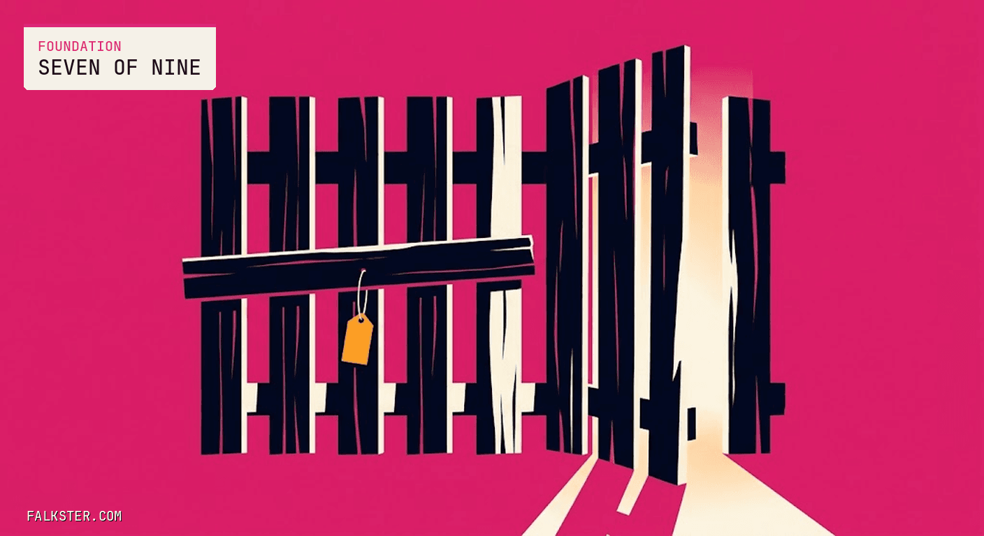 Foundation Falkster cover on magenta: a tall picket gate of nine dark slats, six of them barred by a heavy plank with one small orange price tag hanging from it, and the last slats swung open with cream light spilling through onto the ground.