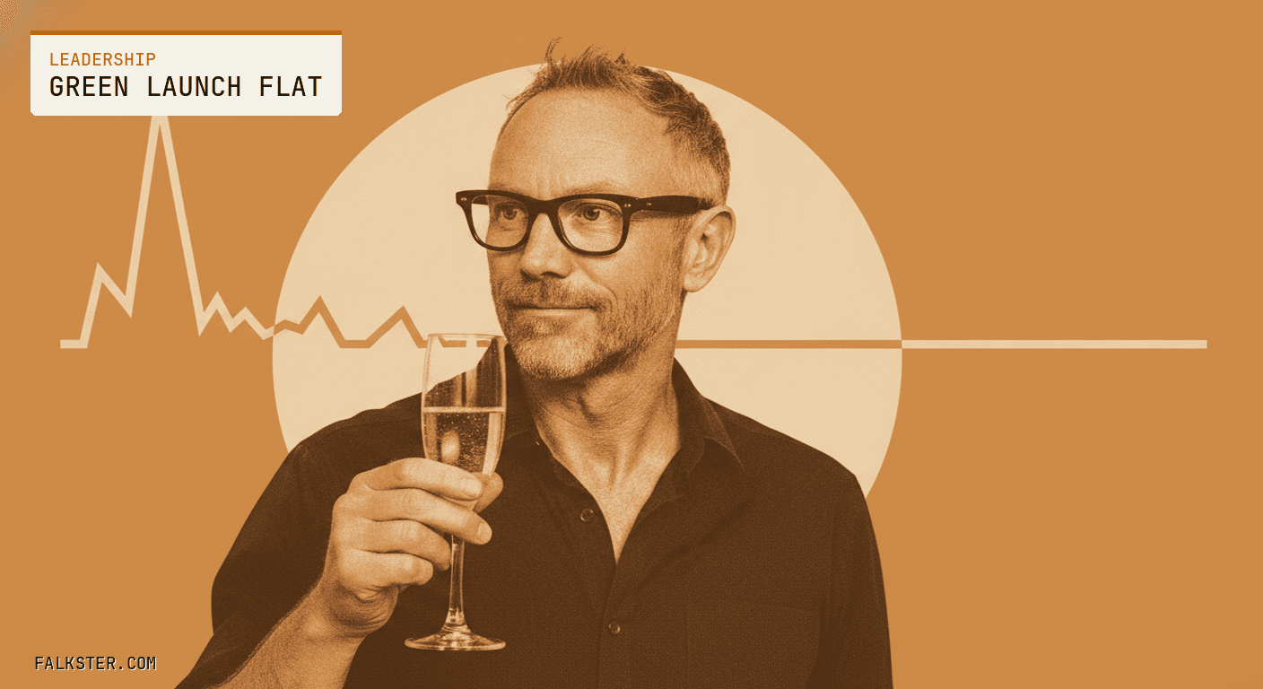 Leadership-amber editorial cover: Falk mid-gesture holding a champagne glass at a launch while behind him a line chart spikes on launch day and flatlines into silence two months later, his expression already reading the flat part.