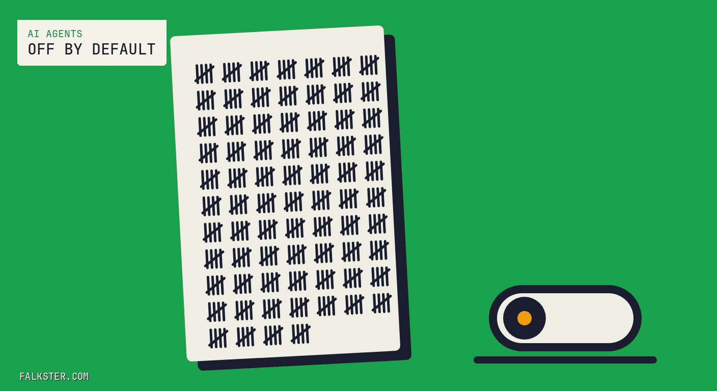 AI Agents Falkster cover on green: a tally sheet covered in ticks beside a single small toggle switch set to off.