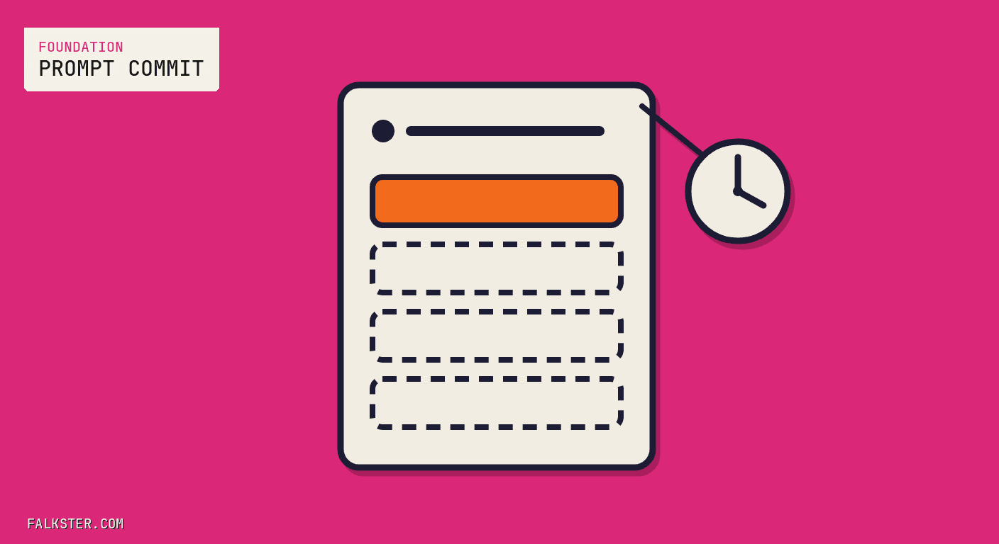 Foundation Falkster cover on magenta: a tall cream commit card with a dot-and-line header and four stacked slots, the top one filled orange and the three below drawn in dashed outline, with a cream clock hanging off the card's top-right corner.