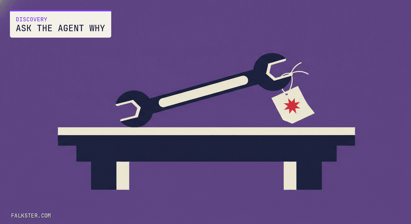 Discovery Falkster cover on purple: a wrench lying on a workbench with a small paper tag tied to one end by a string.