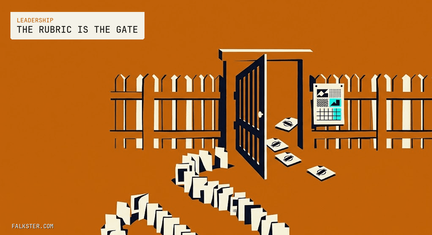 Leadership Falkster cover on burnt orange: a cream picket fence with an open gate, a long winding queue of small cream cards snaking toward it, four stamped cards scattered just past the gate, and a scorecard with one teal cell pinned to the fence beside the gatepost.