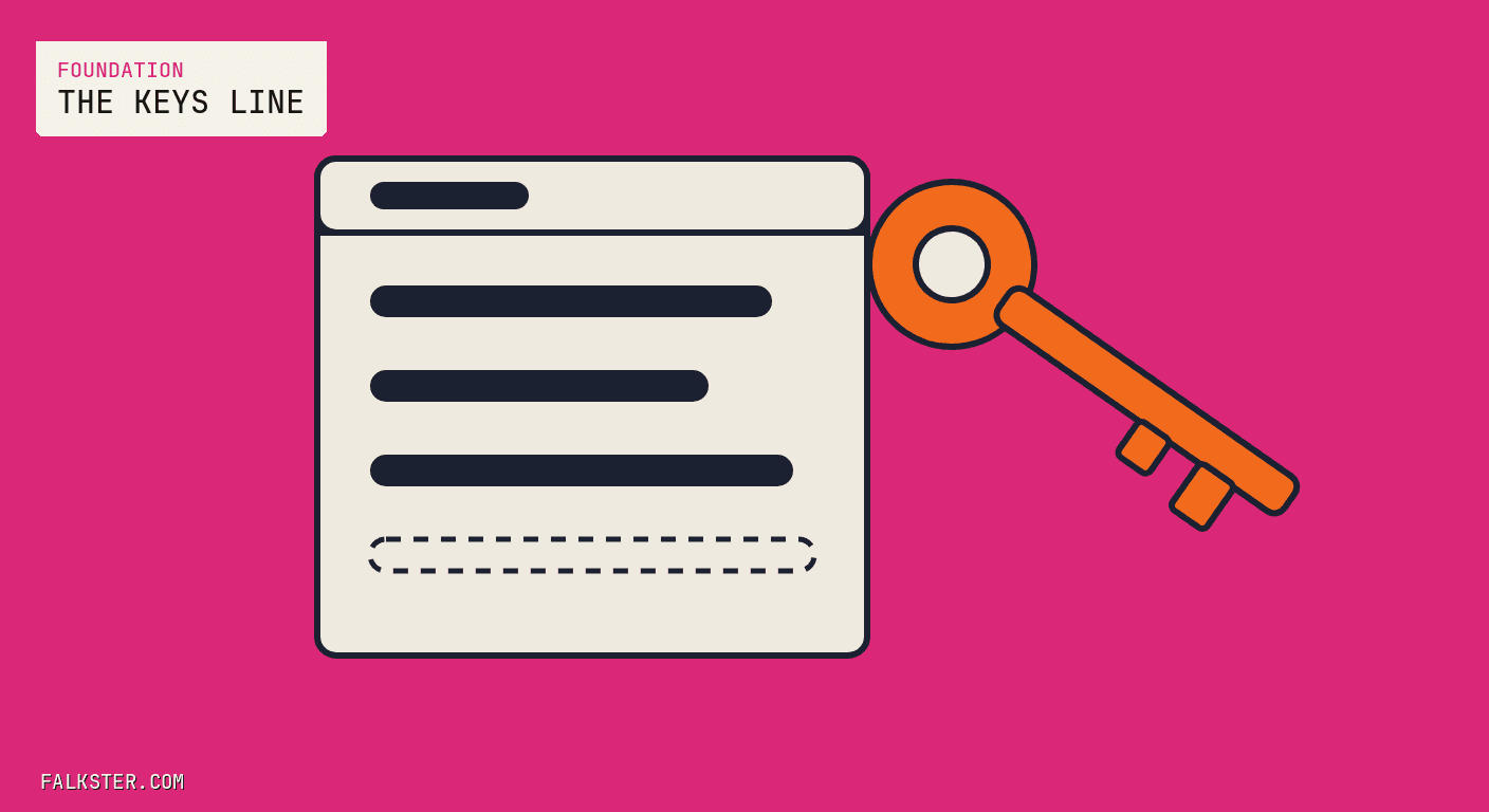 Foundation Falkster cover on pink: a cream handoff sheet with three solid navy lines and a fourth line drawn only as a dashed outline, and a large orange key on a ring lying across the sheet's top right corner.