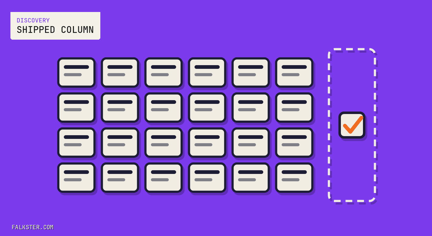 Discovery Falkster cover on violet: a grid of 24 identical cream prototype cards, each with two short lines on it, and to their right one tall empty dashed column holding a single cream tick box with an orange check.