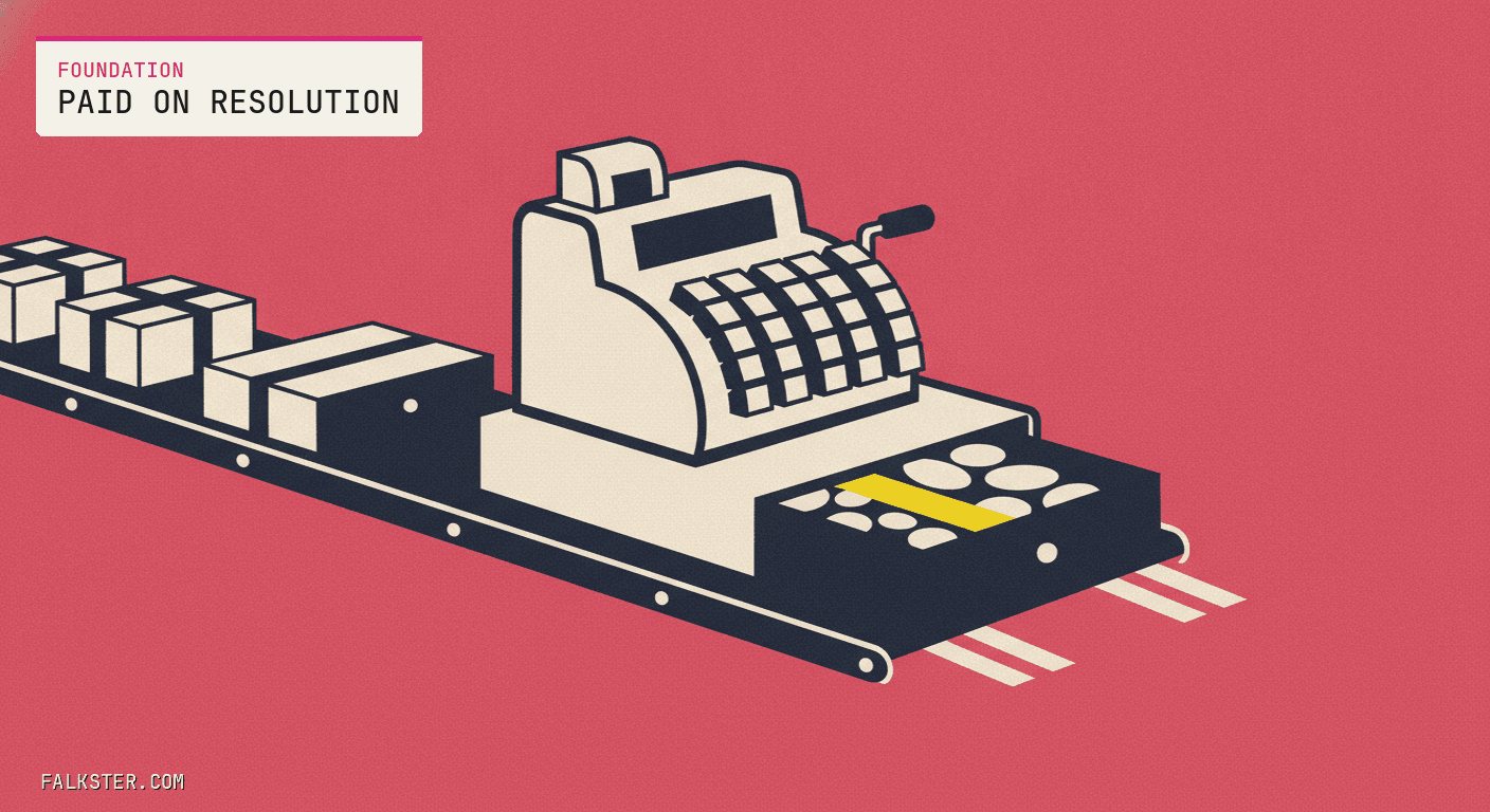 Foundation-pink editorial cover: an old-fashioned cash register whose drawer only springs open as a finished package crosses a finish line on a conveyor belt, payment released by the completed outcome rather than the promise.