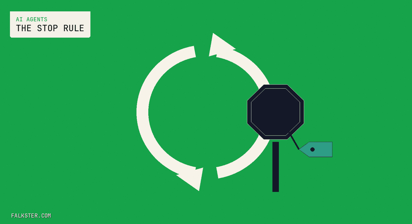AI Agents Falkster cover on green: a thick cream loop of two chasing arrows with a dark octagonal stop sign planted on its right edge and a small teal price tag hanging from the sign.