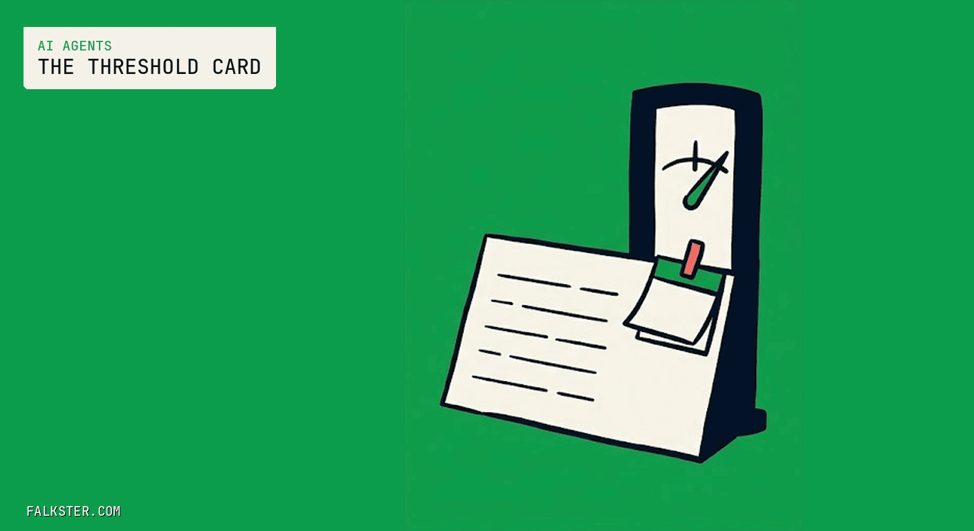 AI Agents Falkster cover on green: a large cream index card with six short ruled lines propped against a tall navy gauge whose needle sits just past a hand-drawn tick mark, with a small cream calendar page clipped to the card's corner by a red clip, and wide empty green space to the left.