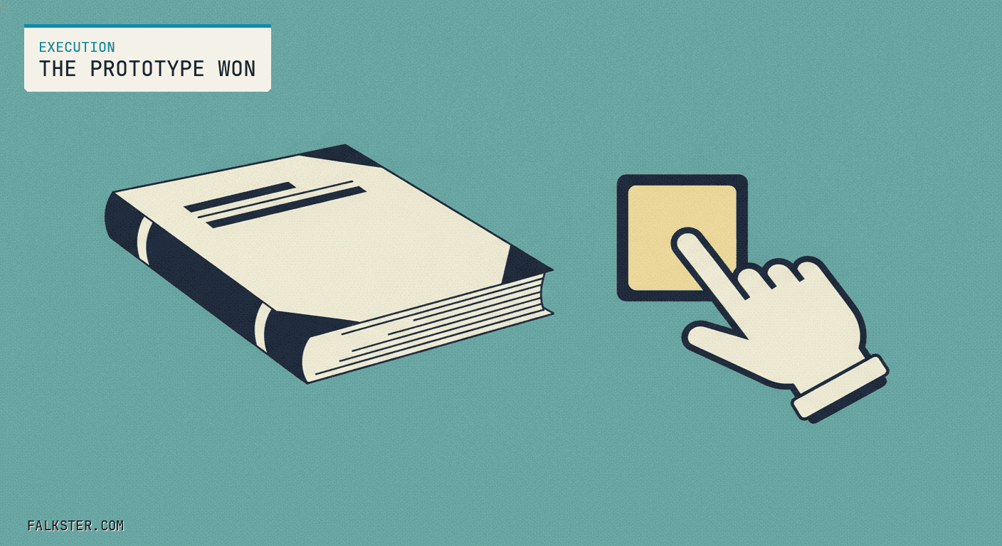 Execution-teal editorial cover: a thick bound spec document sitting untouched on one side of a table while a small glowing clickable screen on the other side has a customer's hand reaching for it.