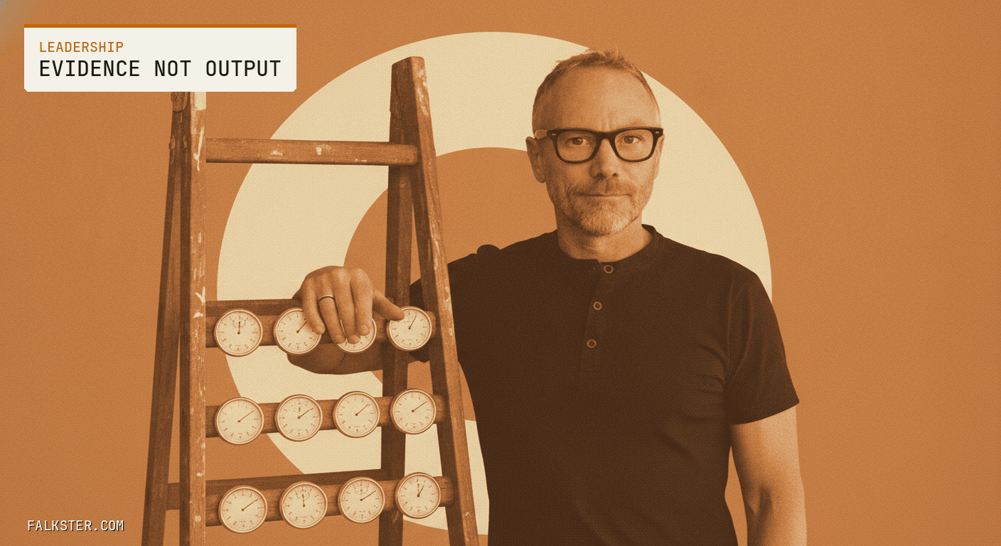 Leadership-amber editorial cover: Falk standing beside a ladder whose wooden rungs have been replaced by small glowing measurement dials, each one reading a different height.
