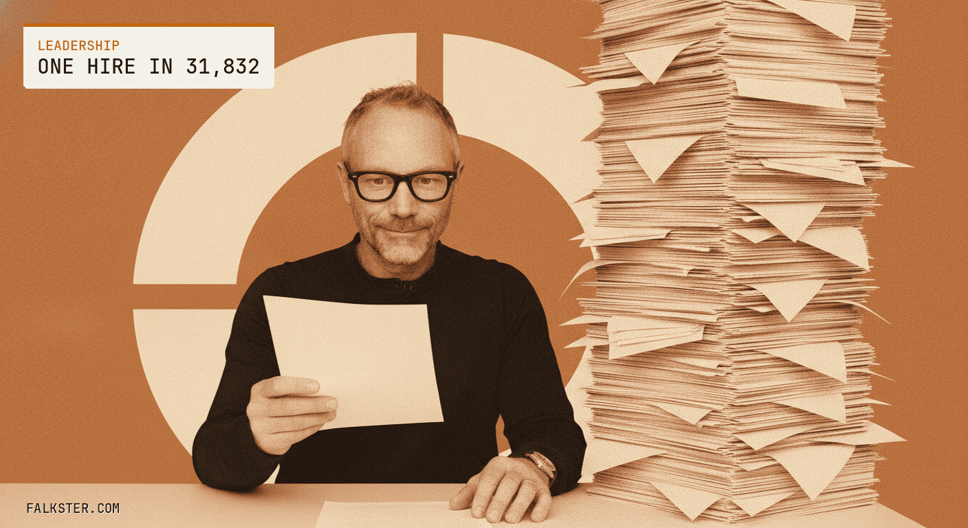 Leadership-amber editorial cover: Falk seated at a table studying a single resume on top of an enormous stack of thousands of others, one sheet pulled aside, the rest towering beside him.
