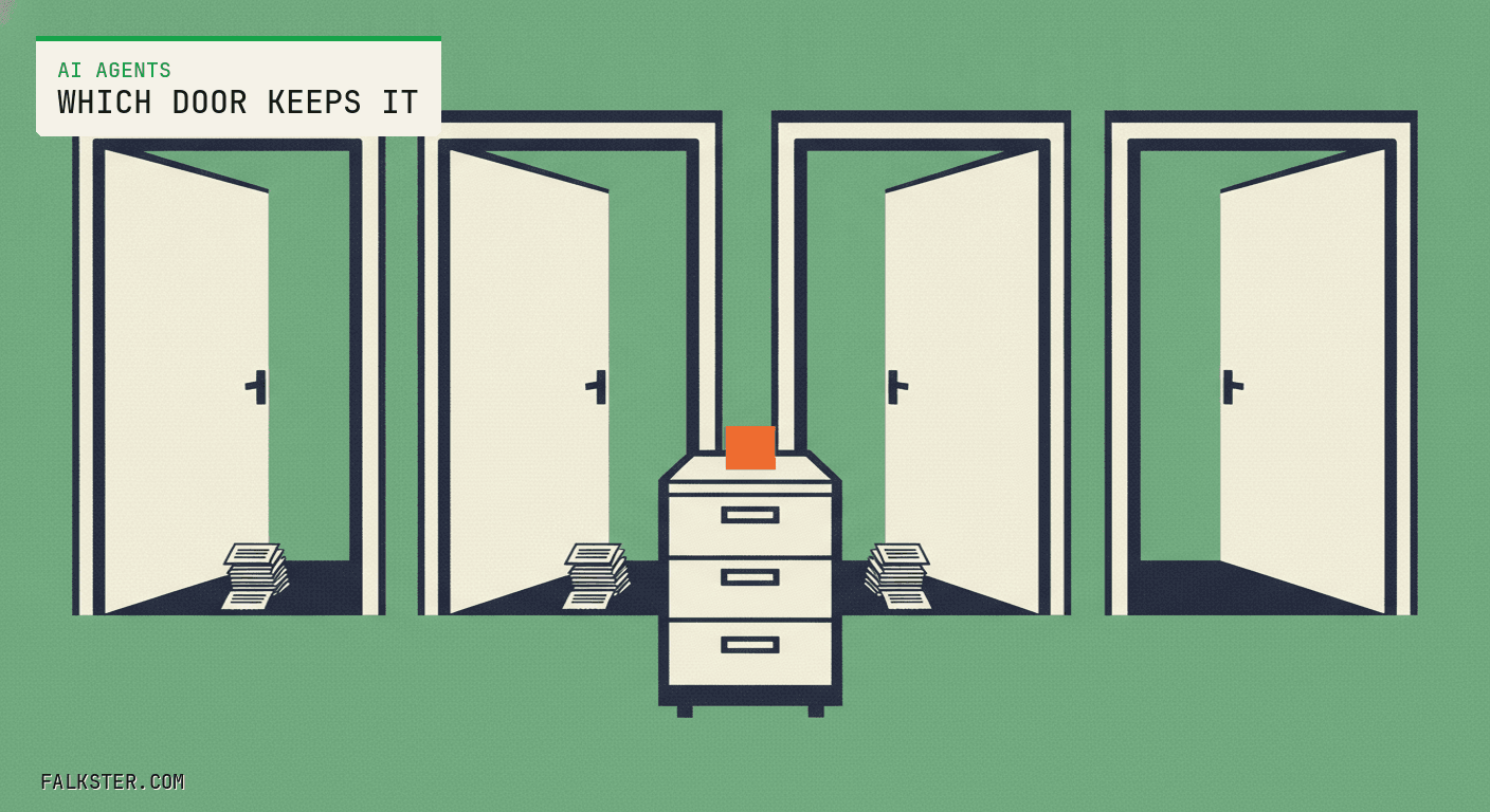 AI Agents green Falkster cover: four doors opening onto a single filing cabinet, three of them with a small stack of paper receipts piling up on their own threshold.