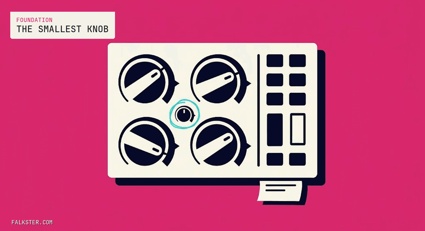 Foundation Falkster cover on magenta: a cream control panel with four large navy dials turned to the right, a tiny fifth dial in the middle ringed in teal, a column of navy buttons down the right side, and a small paper slip sticking out under the panel's bottom edge.