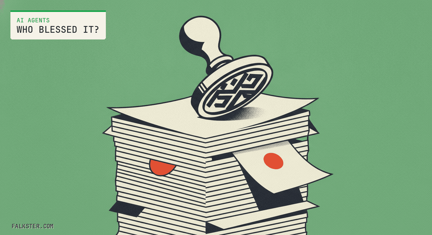 AI Agents Falkster cover on green: a rubber approval stamp resting on a tall stack of paper, with one sheet marked by a red dot pulled halfway out of the stack.
